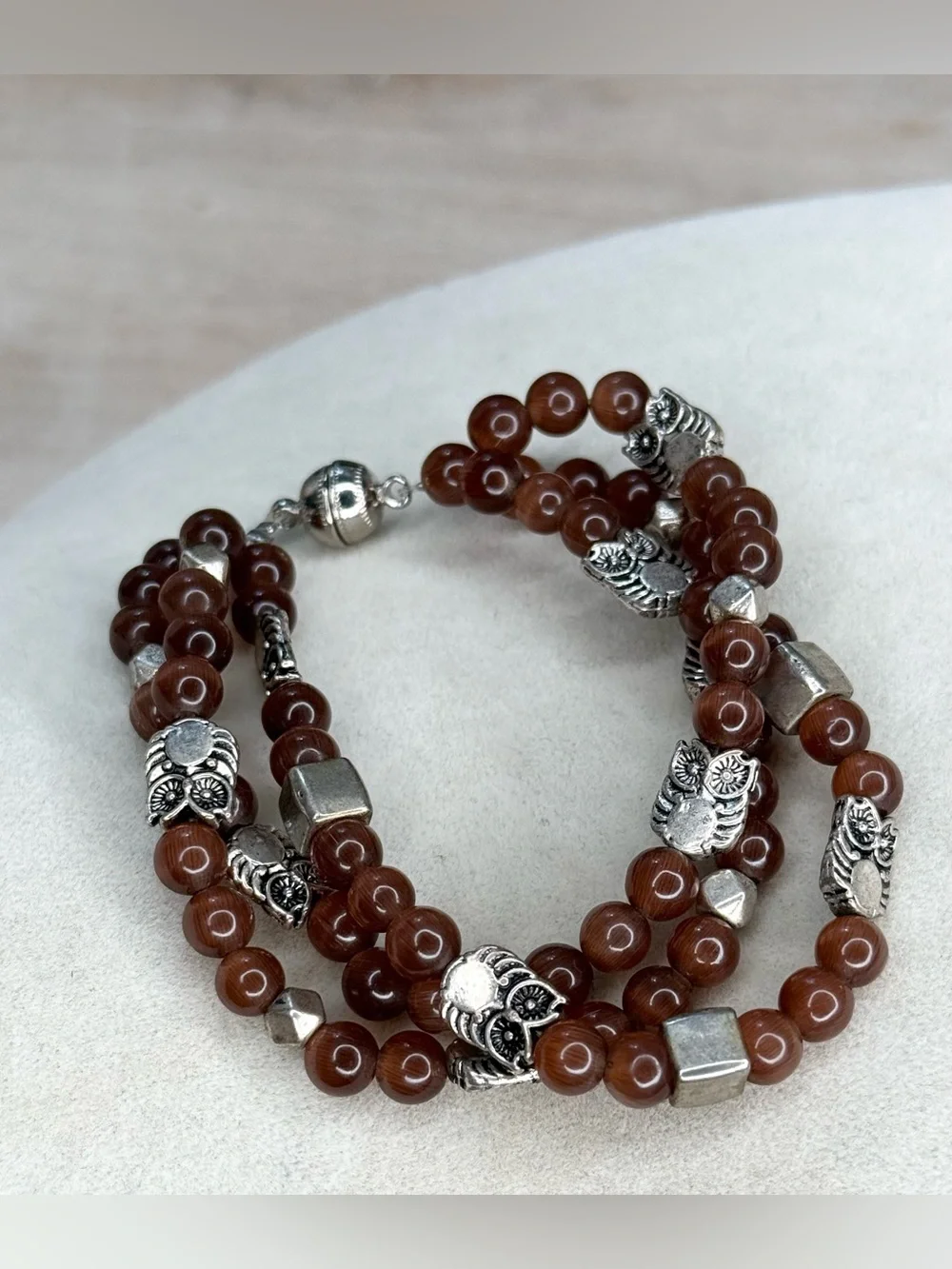 Brown Glass Bead Owl Necklace Silver Tone Multi Strand Magnetic Clasp Boho